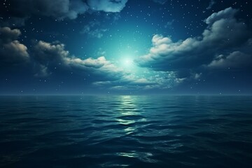 Night sea with a starry sky, moon, blue cloudy dramatic sky, sunlight, and moon reflection on water waves. Nature background. Generative AI