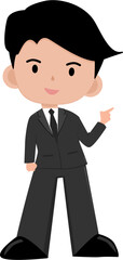 Businessman wearing a black suit Hand pointing with fingers and hands holding the waist. SVG illustration.