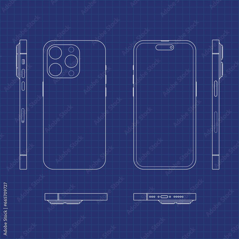 Poster Blueprint Mobile Phone Outline Vector Template Mockup on Blue Background for Designing the Mobile App UI Grid System similar to iPhone Smartphone