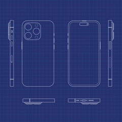 Blueprint Mobile Phone Outline Vector Template Mockup on Blue Background for Designing the Mobile App UI Grid System similar to iPhone Smartphone