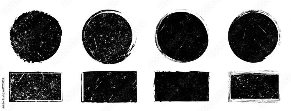 Poster grunge circle stamps. distress frame, label template, rubber seal round shapes, ink scratch square b