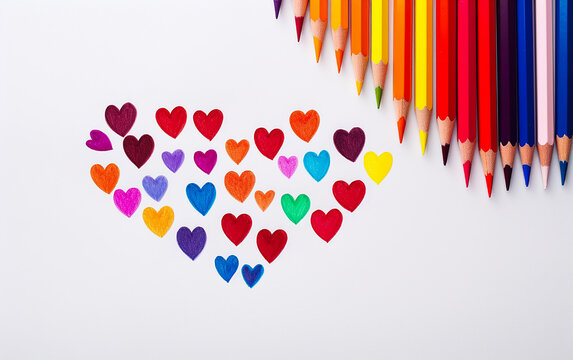 Colored pencils and colored hearts of different shapes and sizes on a white background. Pencil drawing of hearts. 3D illustration. Harvesting cards for Valentine's Day. Place for text, copy space.