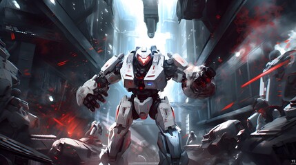 White armored heavy space robot in battle