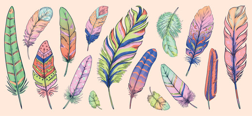 Tribal feather set. Hand drawn colorful bird quill collection. Decorative elements with ethnic ornaments. Rustic textures decor. Native American print. Boho objects. Vector illustration