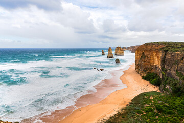 Wideangle view of Twelve Apostles rock formations near the Great Ocean Road, Victoria, Australia