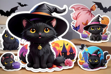 Halloween background with black cat in witch hat and bats. Vector illustration.