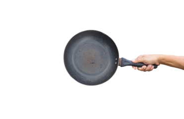 Man holding old pan to pour old vegetable oil isolated on white background.PNG