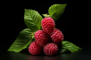 A raspberry stacked with two others, each topped with a green leaf, creating a cluster. Generative AI