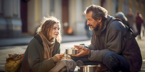 Man and woman are sitting on the street and taking a food. Concept of supporting the homeless. Idea of Volunteer humanitarian work, socially useful work and donations to refugees. - obrazy, fototapety, plakaty