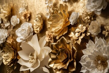 Elegant golden flowers set the backdrop for a wedding. Generative AI