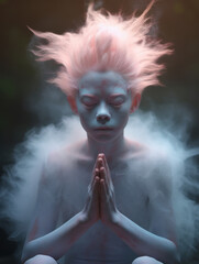 Albino with blue body color meditates