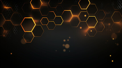 abstract digital technology geometric hexagonal pattern background with glowing yellow neon lights from sides, generated AI - obrazy, fototapety, plakaty