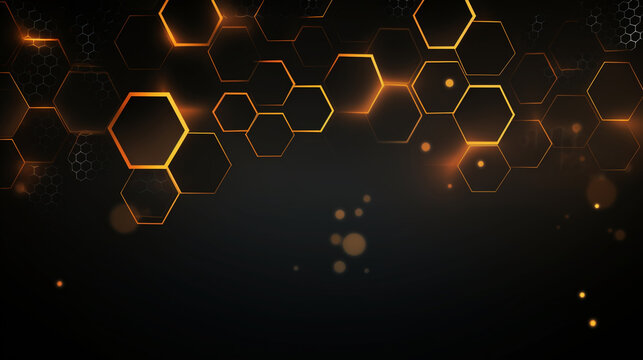 abstract digital technology geometric hexagonal pattern background with glowing yellow neon lights from sides, generated AI