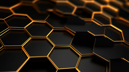 Abstract digital science technology geometric hexagonal pattern background with glowing yellow neon lights from sides. 