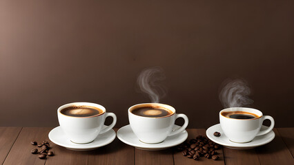 Set of Coffee cups of hot  on wooden background. Banner design