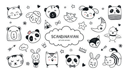 Cute Scandinavian baby. Black and white tattoo or simple stickers. Nordic superhero panda. Sleeping owl bird and bear. Sweet night dream. Animal muzzles set. Vector illustration design