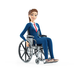3d cartoon businesswoman sitting in wheelchair