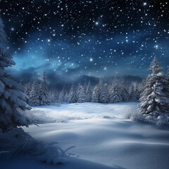 winter night landscape with trees and snow in a clear sky