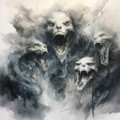 Wall murals Aquarel Skull white multi-headed hydra, dark fantasy, watercolor