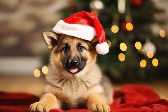 German shepherd puppies wearing santa hat on Christmas, Cute Xmas pet photos for dog parents, 2023 holiday greeting celebration illustration