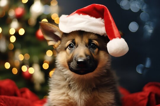 German shepherd puppies wearing santa hat on Christmas, Cute Xmas pet photos for dog parents, 2023 holiday greeting celebration illustration