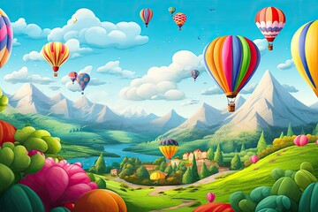 Fototapeta premium Landscape with colorful balloons Colorful air balloons flying over rainbow-colored air balloons