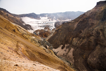The crater of Mutnovsky volcano. Fumaroles. The active volcano Mutnovsky. Hiking. Kamchatka.