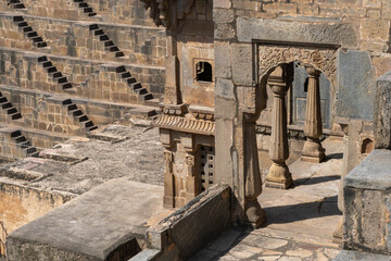View of shrines at Chand Baori stepwell situated in the village of Abhaneri in the Indian state of Rajasthan. It is one of the deepest and largest stepwells in India
