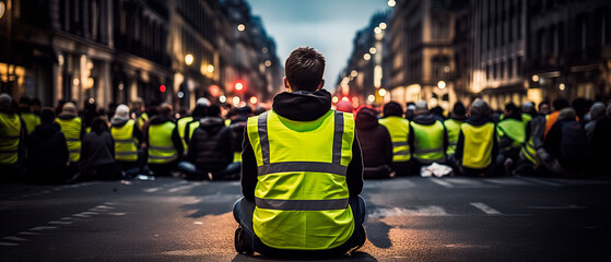 Rear view, protest activists wearing hi vis jacket sit on a road and block traffic - obrazy, fototapety, plakaty