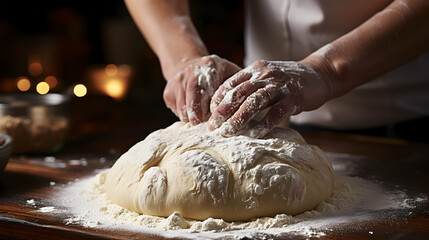 Woman is in the kitchen making pizza dough or bread dough foto