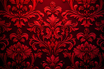 The elegant red background radiates an air of timeless sophistication and regal grandeur, adorned with the classic and intricate damask pattern, each ornate motif and interwoven thread