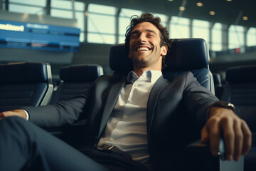 a business man relax smile while seated on VIP chair in airport, rest and calm, Generative Ai. - obrazy, fototapety, plakaty
