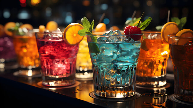 Cocktails at the bar, Signature colorful cocktail bar drinks