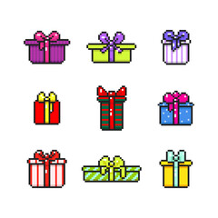 Collection of gift boxes with bows, 8-bit pixel present packages. Set of pixel gift boxes with ribbons. Graphics for games, vector illustration in pixel art style.