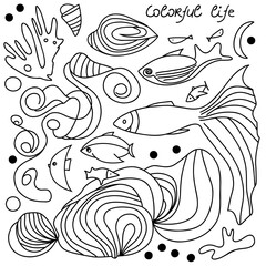 Vector doodle underwater life set of elements fish, seashell, seaweed. Suitable for decor, logo design, coloring book, print.