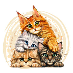 Graphic, color portrait of kittens in watercolor style on a white background. 