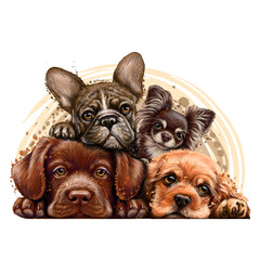 Graphic, color portrait of puppies in watercolor style on a white background. 