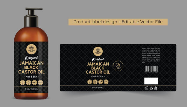 Jamaican Black Castor Oil Label Design, Castor oil label packaging design with bottle mockup for hair care oil label black and gold cosmetic conditioner label premium quality editable vector file
