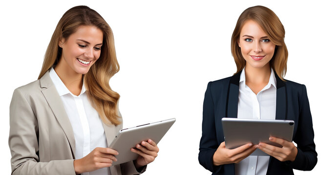 Young Happy Businesswoman Working and Smiling with Tablet - Touching the Tablet Screen  Isolated on Transparent Background