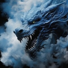 3d illustration of a dragon with smoke in the dark background.