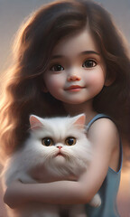 A little girl holds a Persian cat in her arms. Vertical image
