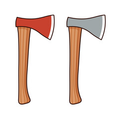 Gray and red axe with brown handle. Cartoon vector illustration