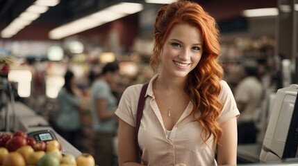 beautiful redhead female cashier smiling at the checkout scanning codes of products in a grocery store. customers and shop in the background.