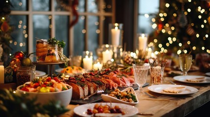 Christmas dinner table full of dishes with food and snacks, New Year's decor with a Christmas tree in the background. Buffet or catering concept.