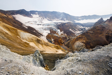 Aerial view of the colorful canyon near the Mutnovsky volcano on the Kamchatka Peninsula, Russia