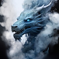 3d illustration of a dragon with smoke in the dark background.