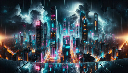 portrays a breathtaking, futuristic cityscape during a stormy night. Towering skyscrapers, illuminated with neon lights in hues of pink, blue, and purple, dominate the skyline.
