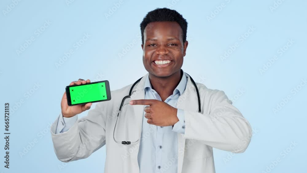 Canvas Prints Green screen, phone and man doctor with hand pointing in studio contact us, faq or help on blue background. Healthcare, presentation or portrait of African professional with smartphone app or sign up