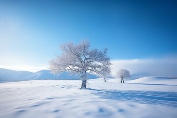 Snowy winter landscape with blue sky background. Generative AI