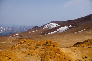 The crater of Mutnovsky volcano. Fumaroles. The active volcano Mutnovsky. Hiking. Kamchatka.